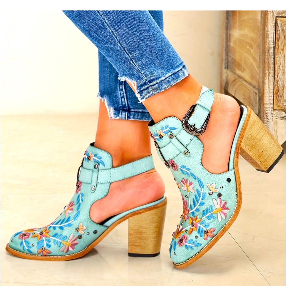 Floral Embroidered Blue Mules